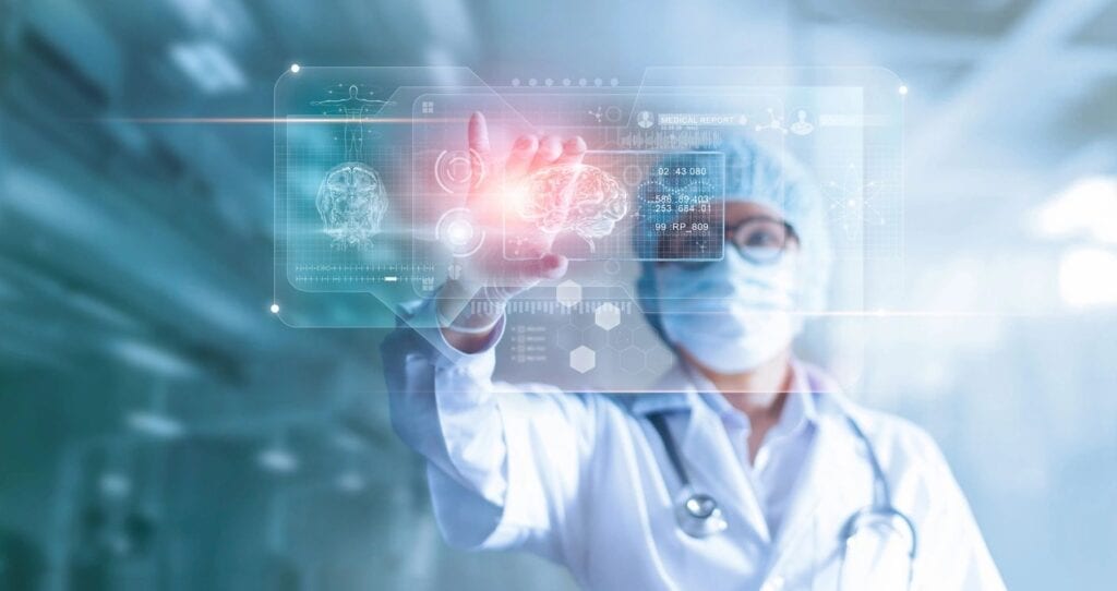 A doctor is touching a futuristic screen.
